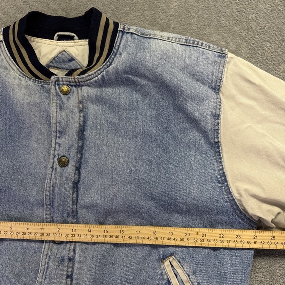 Vintage 90s Denim Varsity Bomber Jacket Large Tan Sleeves Quilt Lined Stone Wash - Picture 5 of 10